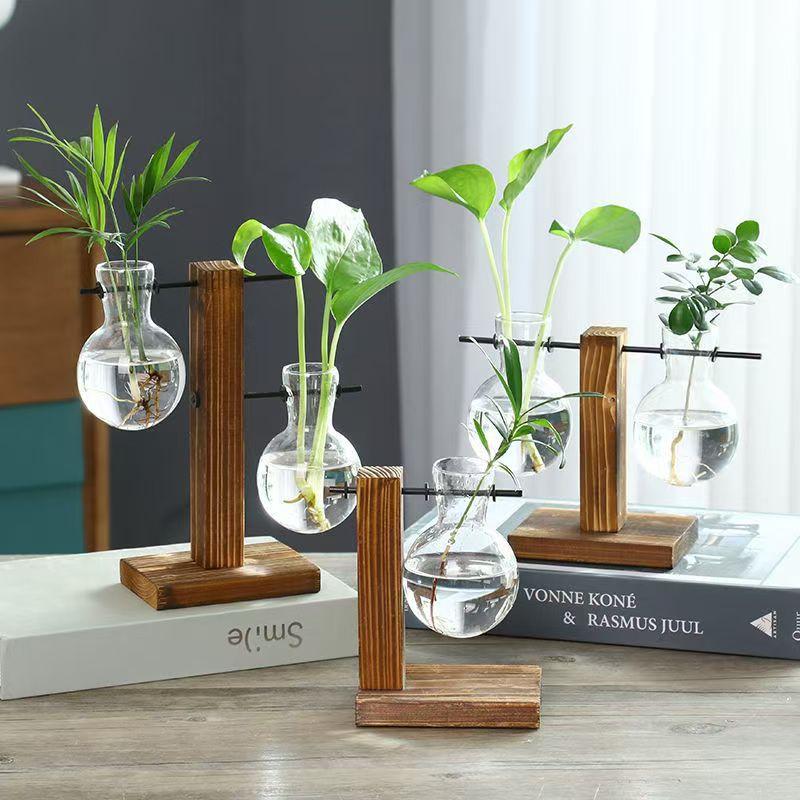 Creative Glass Desktop Planter Bulb Vase Wooden Stand Hydroponic Plant Container Home Tabletop Decor Vases