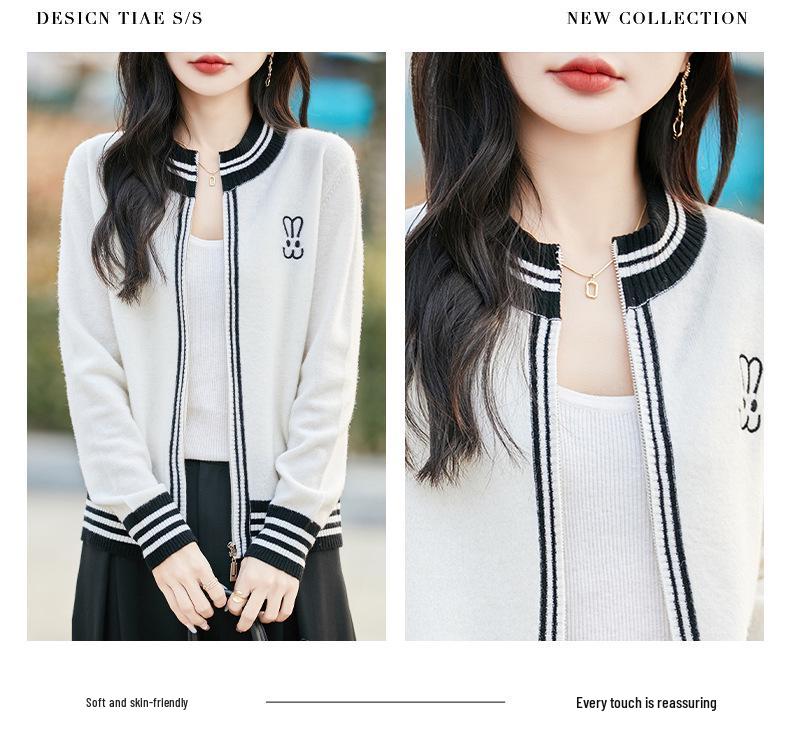 Women's 100% Pure Wool Intarsia Color Block Knit Cardigan - Loose, Casual, Zipper Outerwear for Autumn and Winter