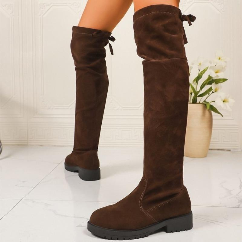 Women's Brown Suede Back-Lace Over-the-Knee Tall Boots – Autumn/Winter Chunky Platform Block Heel Rider Boots