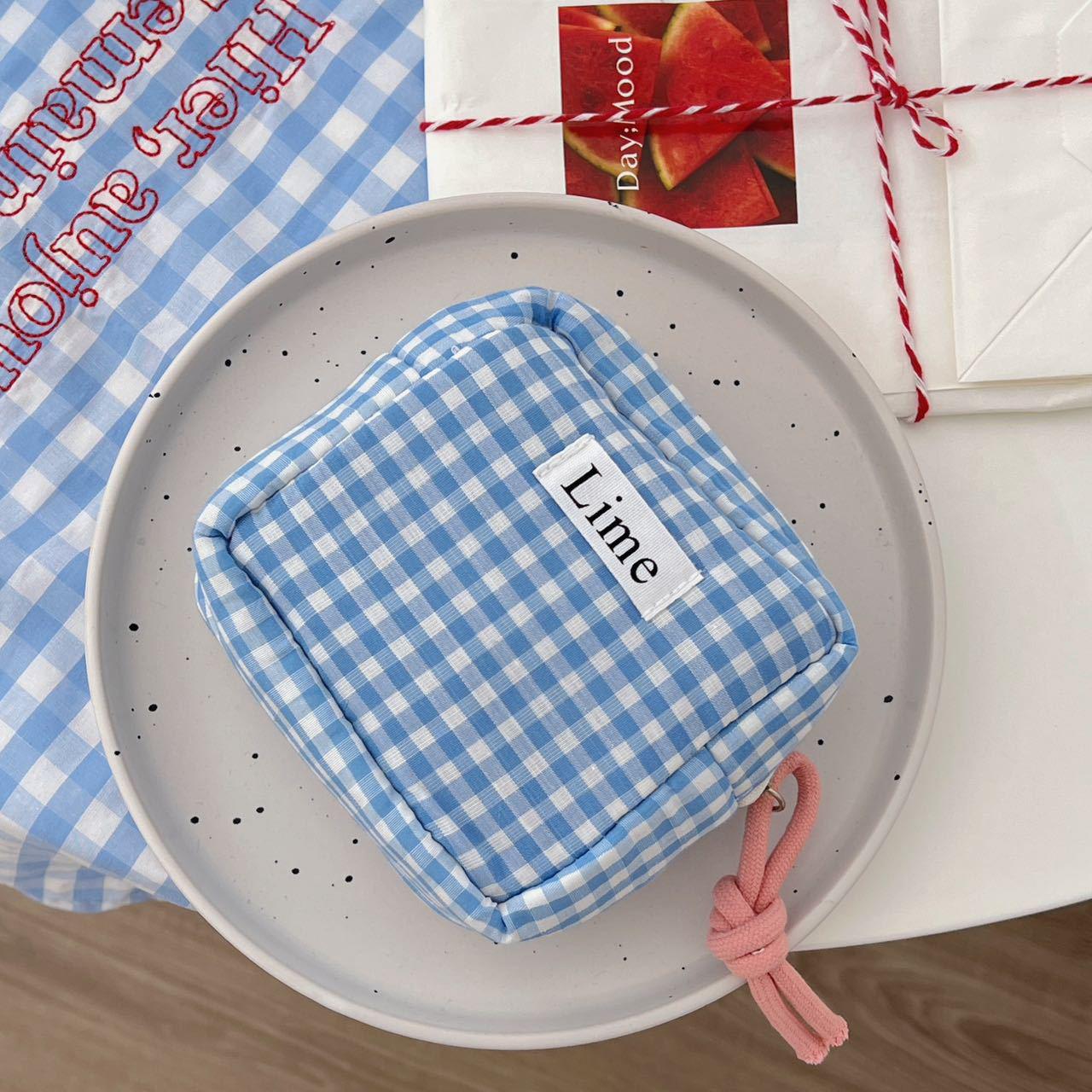 Japanese Cotton Blue Plaid Small Square Bag - Cute, Multi-functional Student Storage