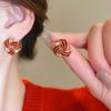 Red Bow Coin Purse Earrings: Silver Needle Retro Snake Lock Studs, New Year High-End Ear Jewelry.