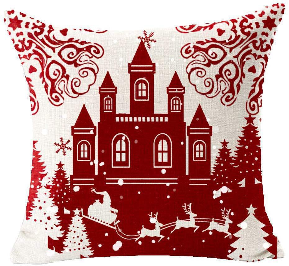Red Plaid Sofa Linen Christmas Pillow Cover Reindeer Snowflake Home Cushion Cover