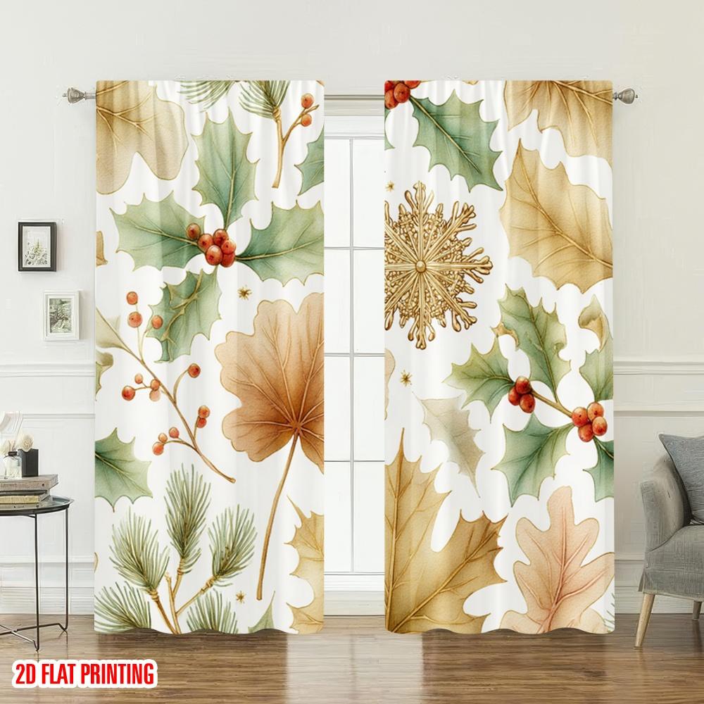 Set Of 2 Flat Printing Merry Christmas Curtains Holly Berries Pine Leaves Digital Printed Polyester Drapes Party Curtain