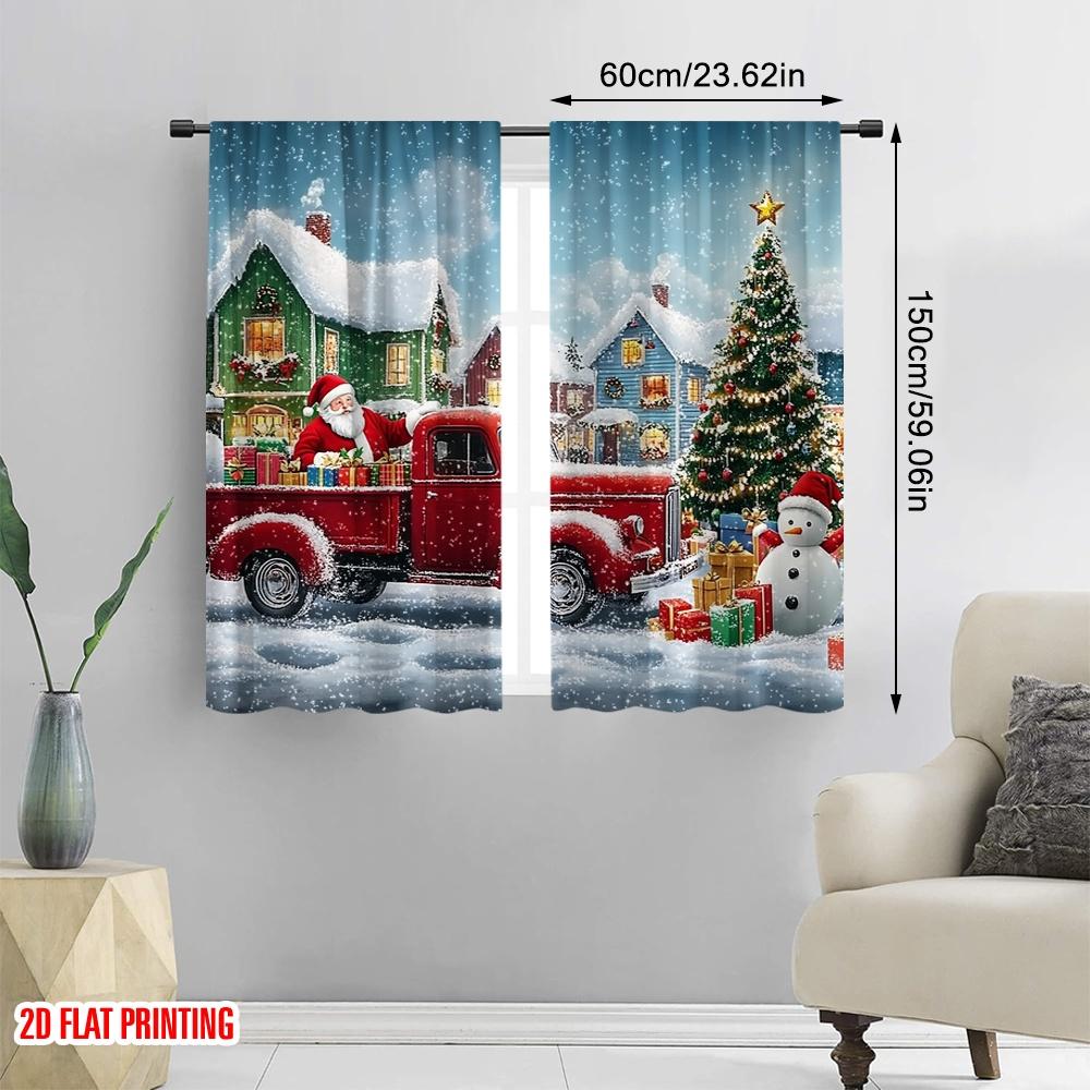 2 szt., Drukowane na płasko 2D Zasłony filtrujące światło Pociąg Wigilijny Wszechstronna tkanina poliestrowa (bez pręta) Wakacje dla życia