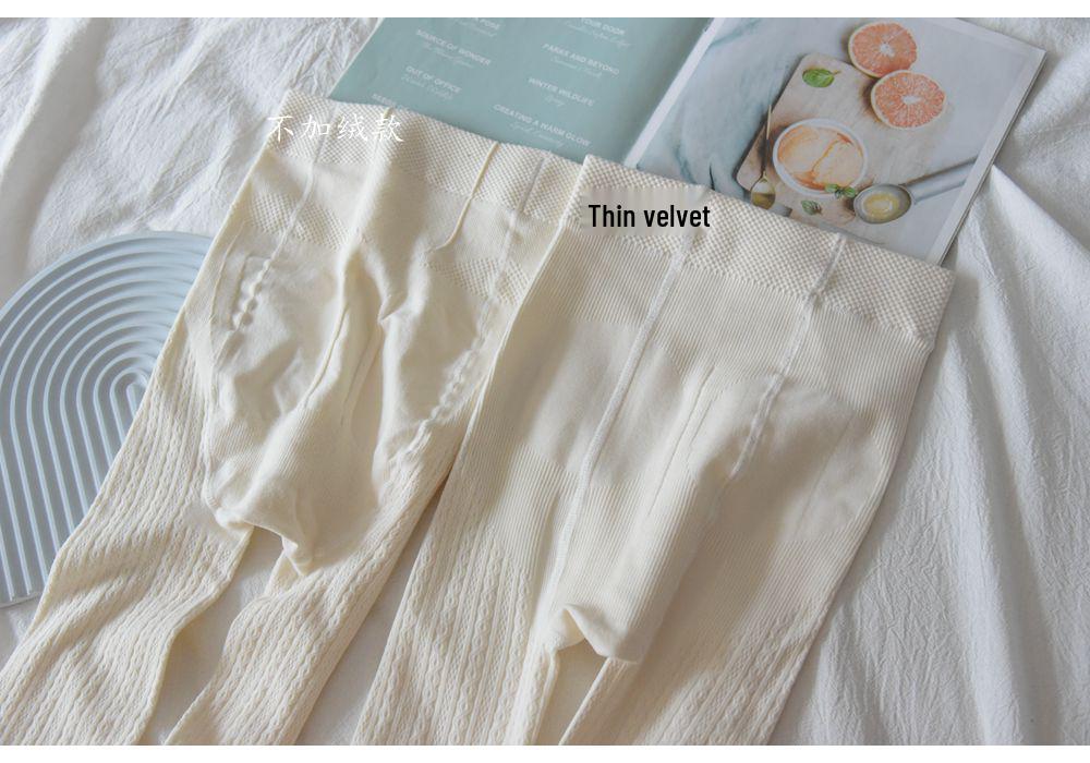 Cremeweiß Hohe Taille Haferflocken Lolita Zopfmuster Strumpfhose - Plus Samt Dick, Bauchkontroll-Leggings für Herbst/Winter