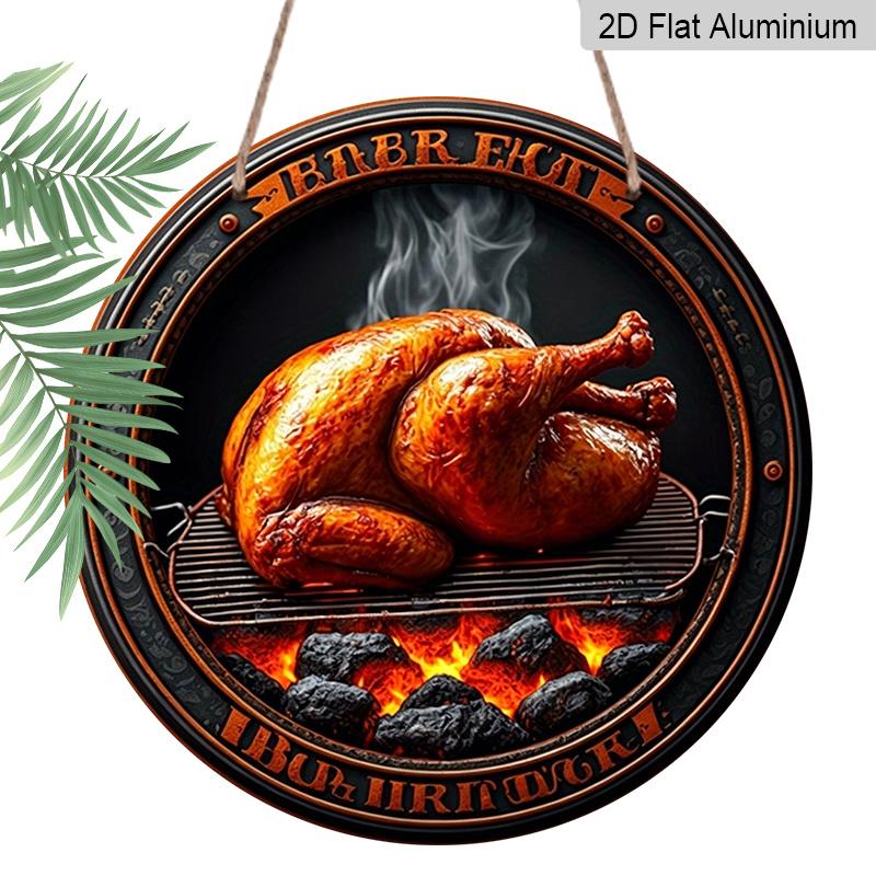 

2D Flat, Retro-rustic Round Aluminum Wall Hanging, Available in Various Sizes, Featuring A Roasted Chicken/BBQ Design. Suitable for Cafes, Living 20*20cm