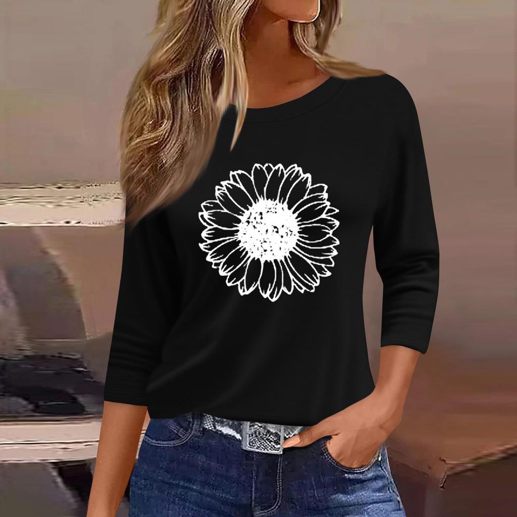 Women's Fashion Casual Round Neck 3/4 Sleeve Loose  Printed T-Shirt Ladies Top