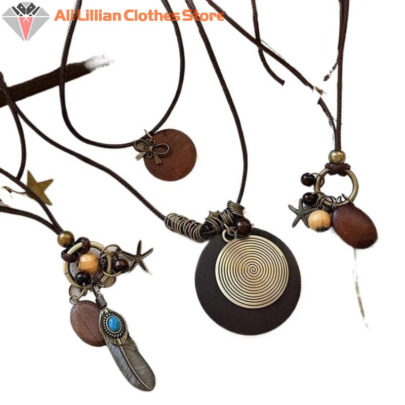 Hot Sale Vintage Boho Metal Necklace Women Antique Long Collar Chains Pendant Handmade Statement Jewelry Layers Accessories