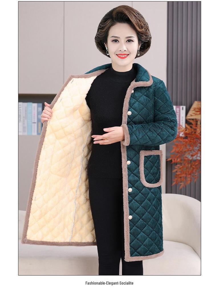 Cozy Plaid Fleece-Lined Jacket for Elderly Women - Mid-Length Winter Coat for Grandmothers