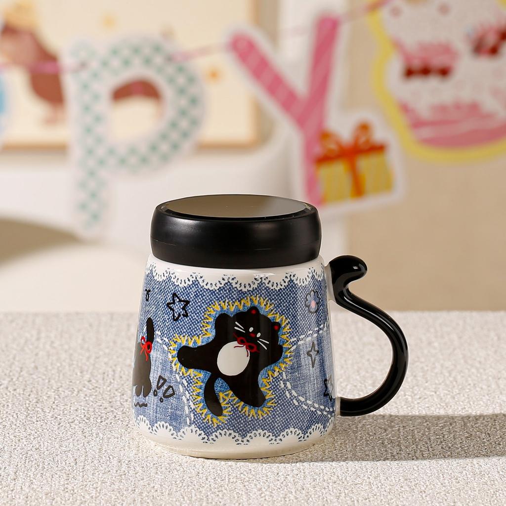 Cartoon Cat Cute Ceramic Mug with Mirror Lid Drinking Cup High Looking Souvenir Fireworks Tea Cup