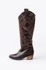 Women Modern Stylish Fashion Boots Faux Leather Suede Black Leather Embroidered Medieval Cowboy Long Boots