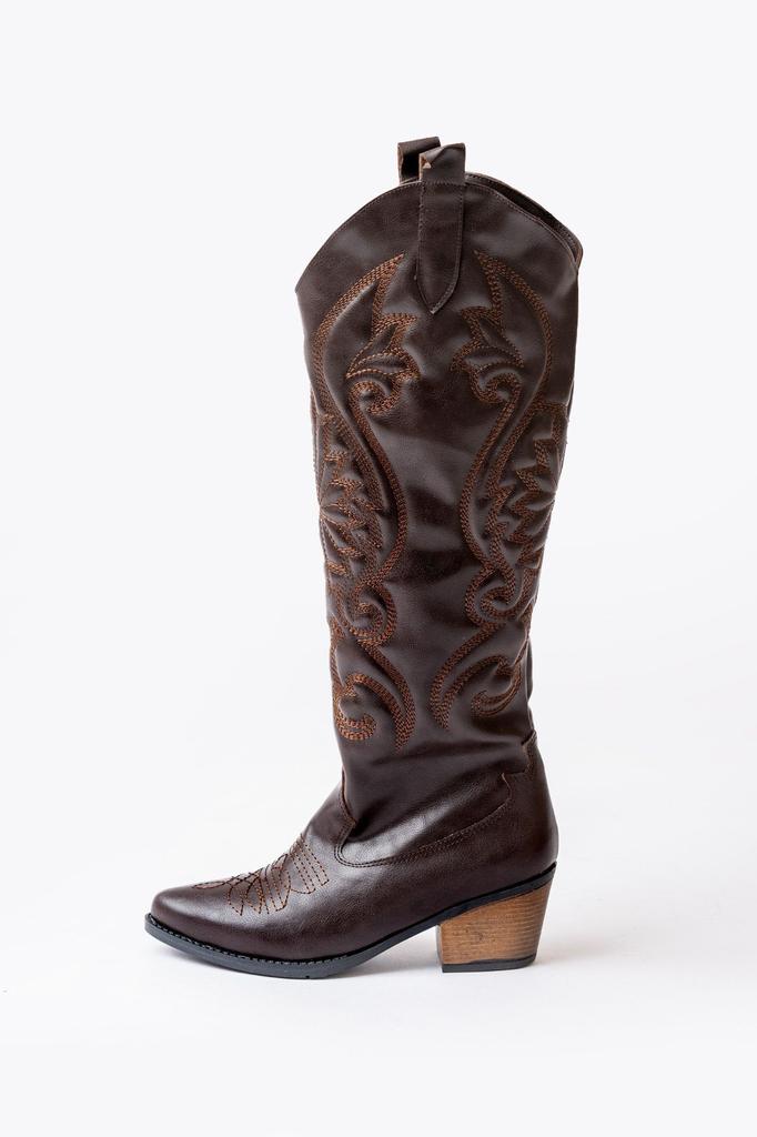 Women Modern Stylish Fashion Boots Faux Leather Suede Black Leather Embroidered Medieval Cowboy Long Boots