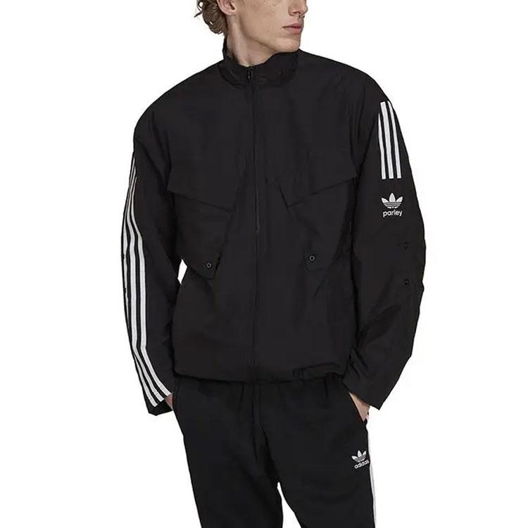 adidas Originals Trefoil Parley TT Şerit Baskılı Logolu Fermuarlı Ceket Erkek Dış Giyim Siyah HN7030