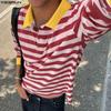 INCERUN Men Lapel Neck Long Sleeve Stitching Striped Casual Oversized T-shirts Tops