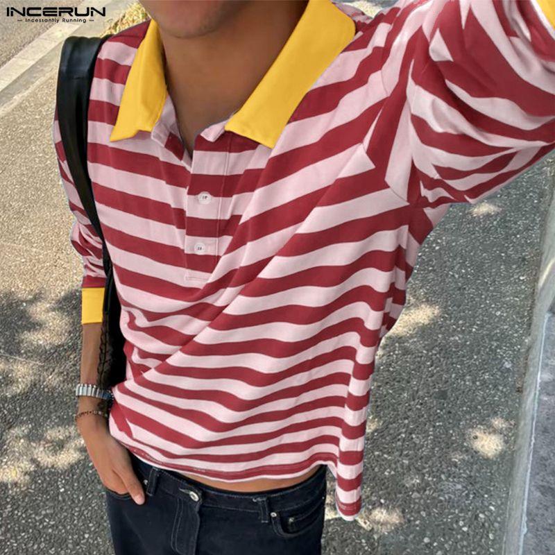 INCERUN Men Lapel Neck Long Sleeve Stitching Striped Casual Oversized T-shirts Tops