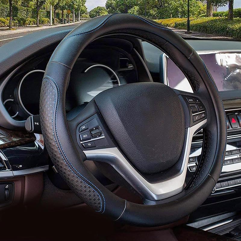 Valleycomfy Leather Steering Wheel Covers Universal 15.75 Inch -Breathable, Anti Slip & Odor Free (Black With Black Lines,L(15" 1/2-16"))