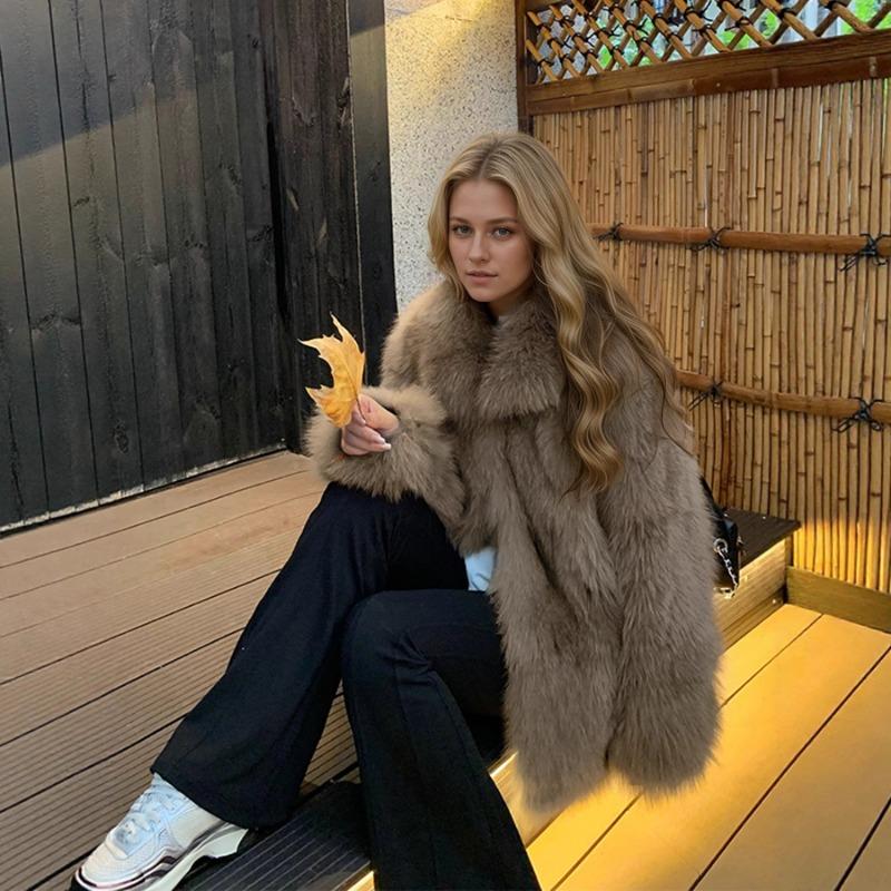 Luxury Black Faux Fur Coat Women Winter Warm Fluffy Lapel Jacket Oversized Outerwear
