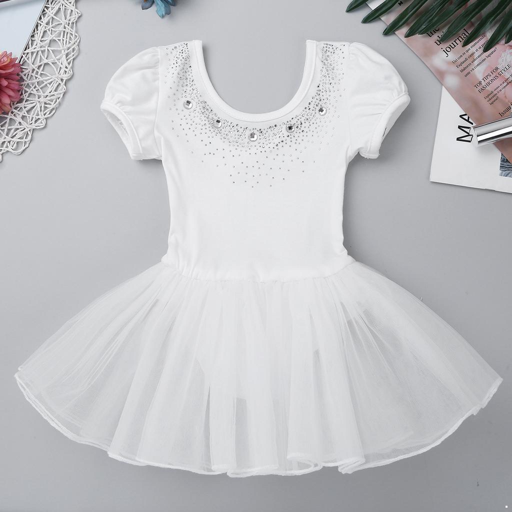 Kids Girls Dance Short Sleeves Ballet Mesh Tutu Dress Child Dancewear Costumes