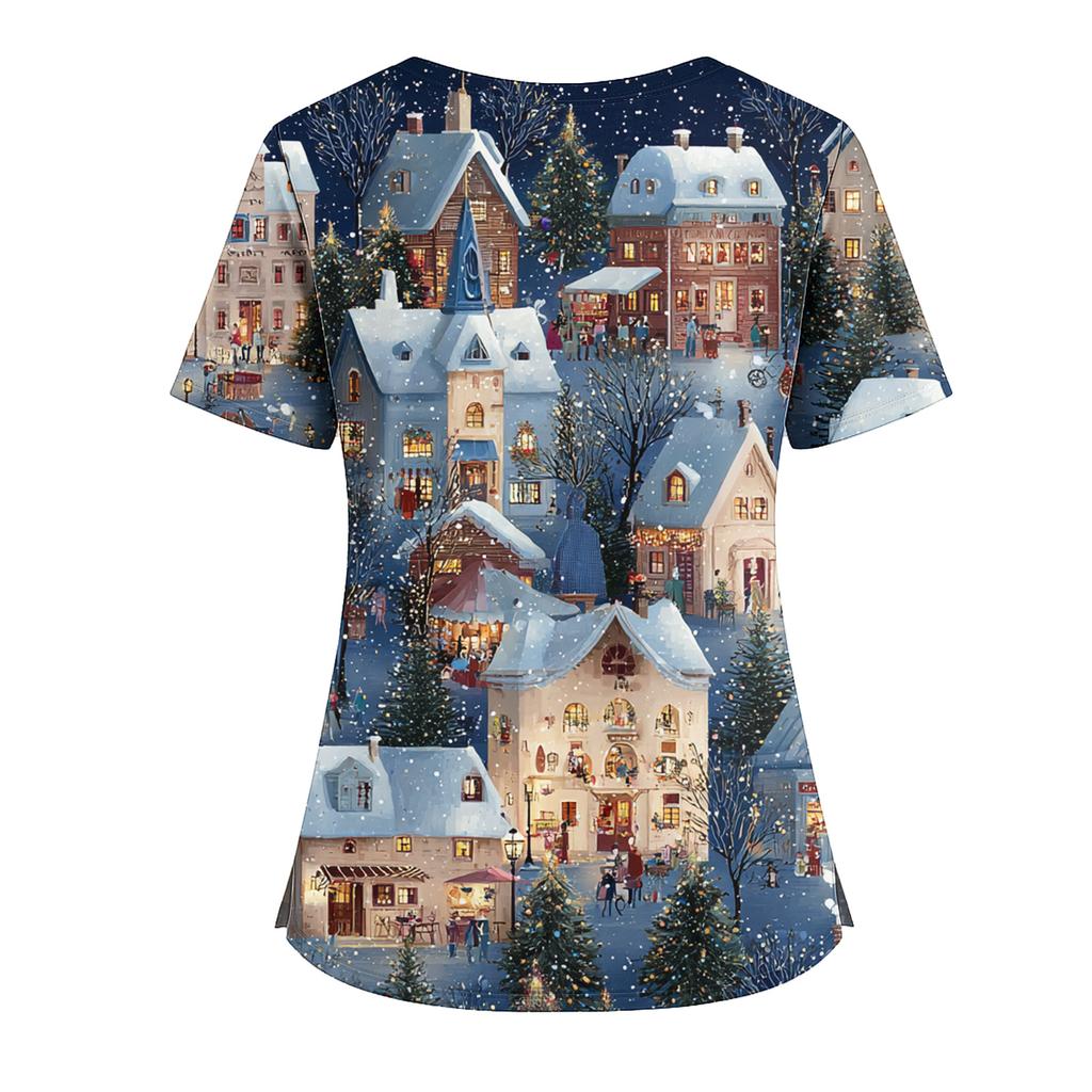 אופנת נשים אוברול שרוולים קצרים צווארון וי עם כיסים חולצות מודפסות בגדים