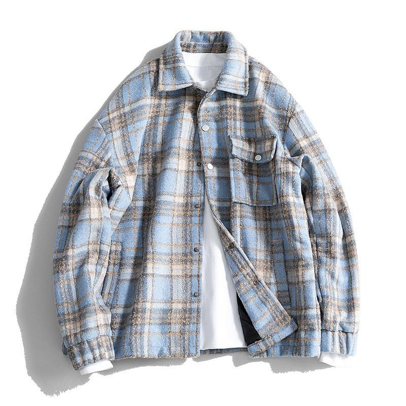 Korean Style Lapel Thickened Plaid Jacket for Men In Autumn and Winter Plus Velvet Cold-proof Jacket Couple Style