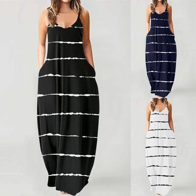 Moda feminina solta casual verão listrado estampado bolso estilingue vestido sem mangas