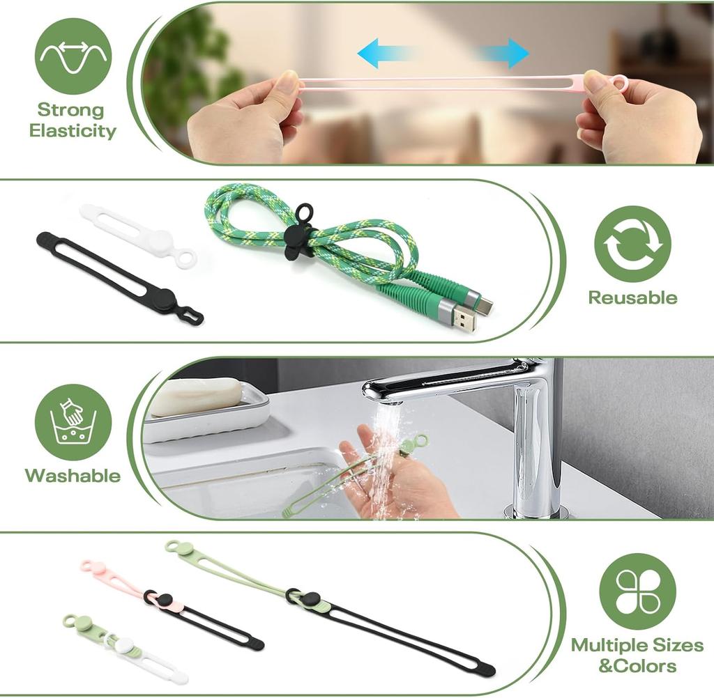 24Pcs Silicone Cable Ties Reusable Cord Organizer Durable Elastic Cable Management Straps for Charging Cables Organizer Flexible Chargers Wires Or