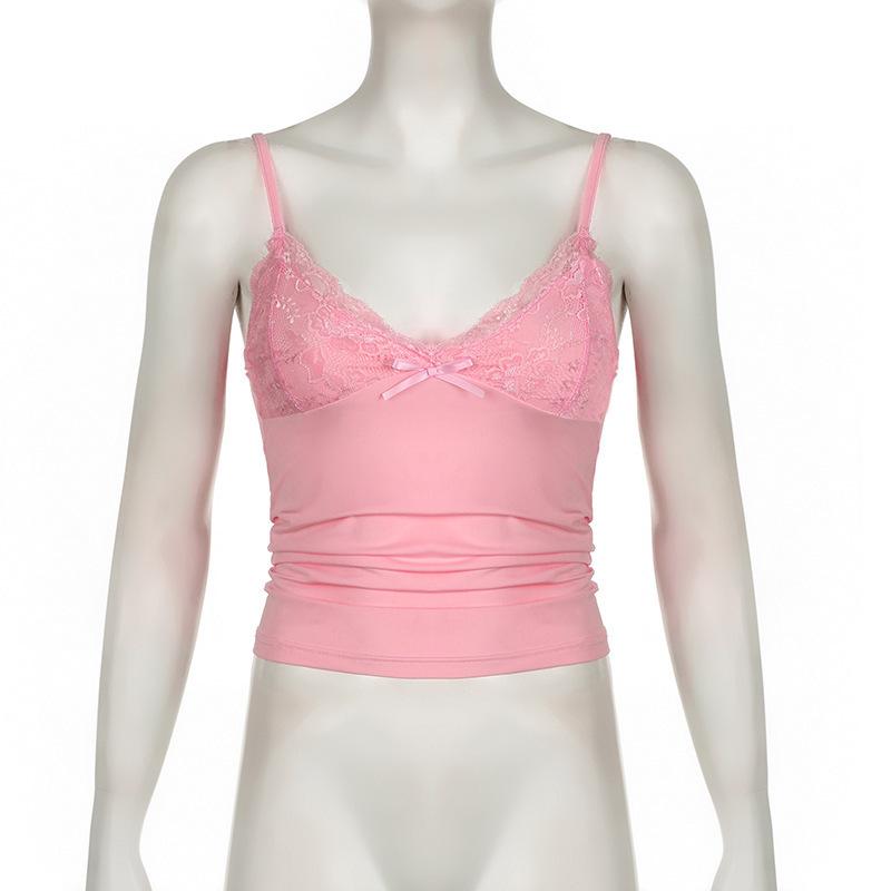 Evropská a americká krajka V-výstřih mašle jednobarevné ramínko sexy hluboký výstřih vesta jednobarevné slim fit top