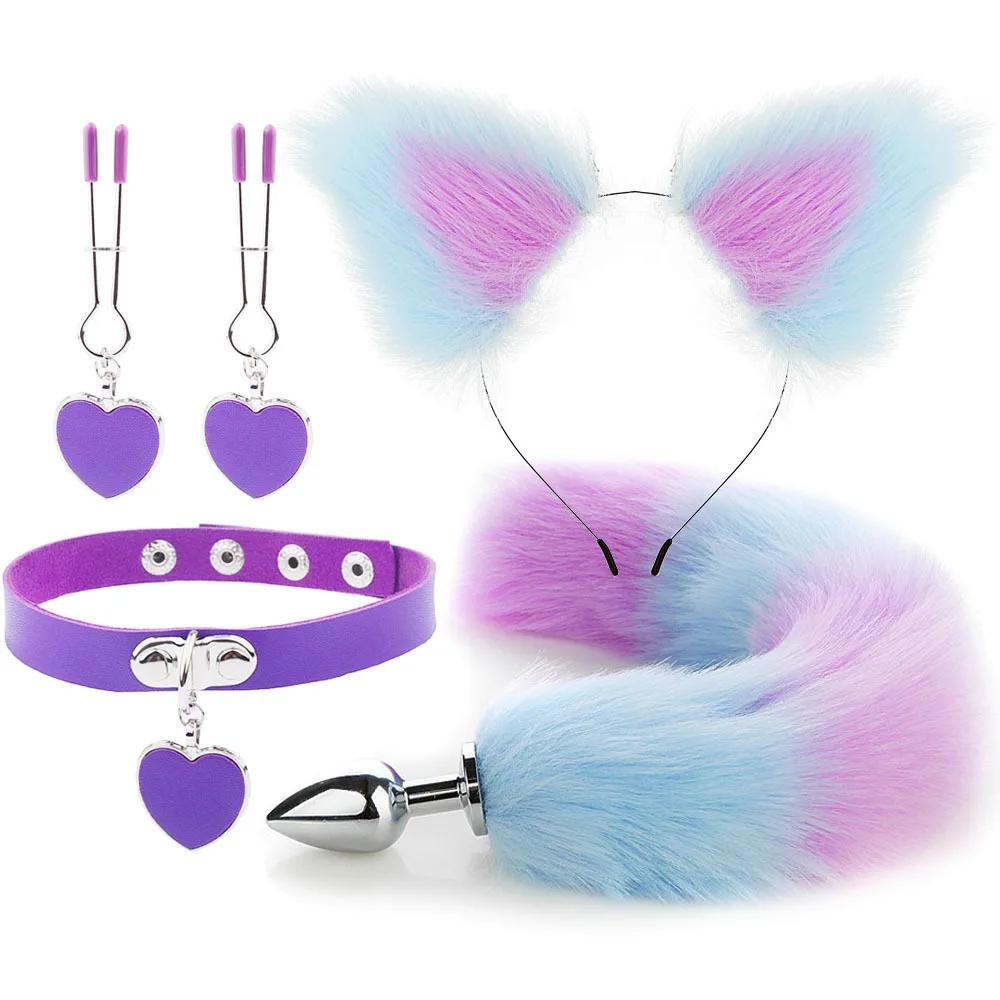 Anal Sex Toys Fox Tail Butt Plug Sexy Plush Cat Ear Headband With Bells Necklace Set Massage Sex Toys For Women Couples Cosplay