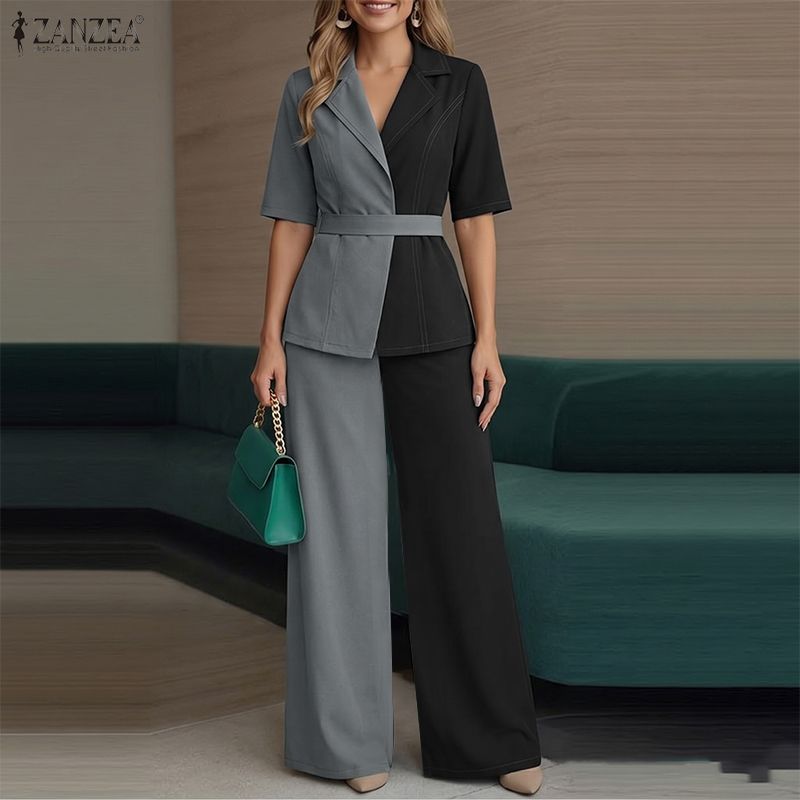 ZANZEA Women Patchwork Short Sleeve Blouse and Long Pants Casual Two Piece Suit Sets