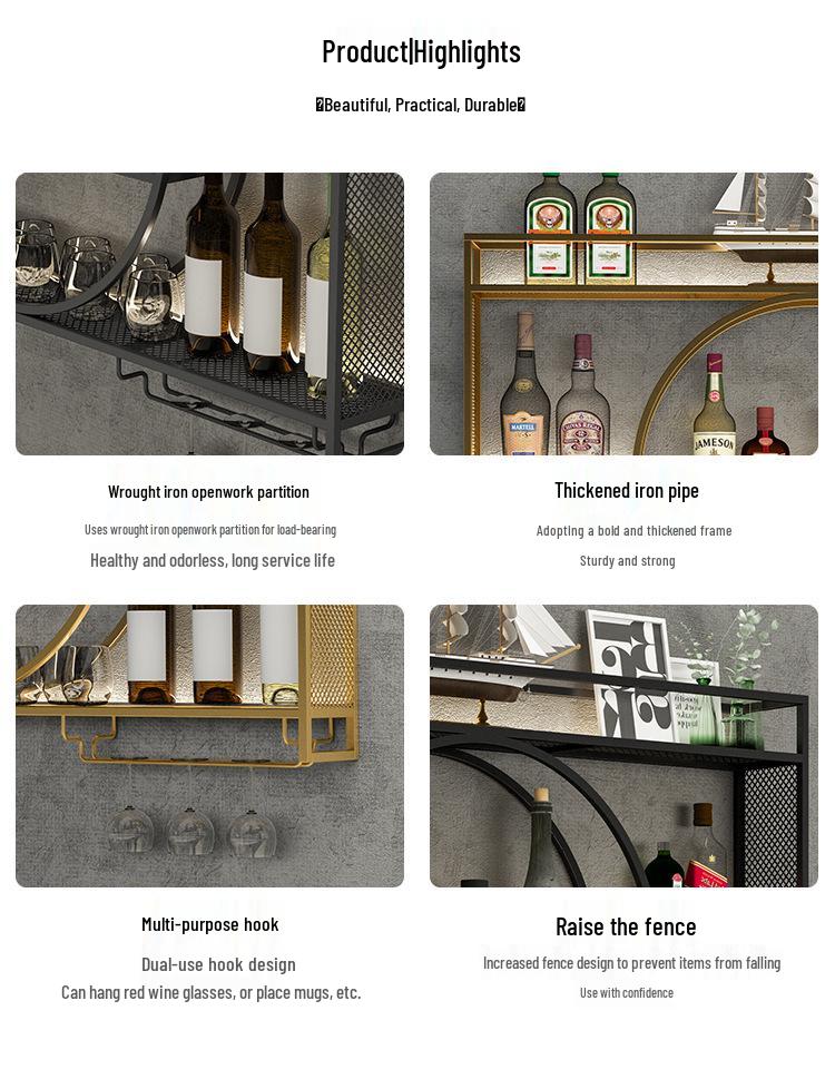 Wall-Mounted Wrought Iron Wine & Liquor Rack with Luminous Design