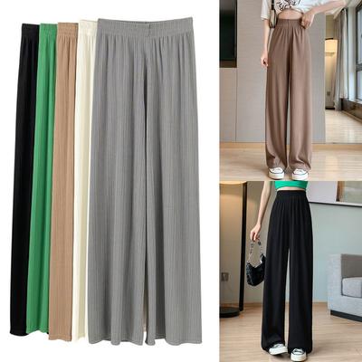 Women Spring Casual Thin Summer Elastic Waist Wide-leg Pants Ice Filament Permeability Women Stright Long Wide Leg Pants