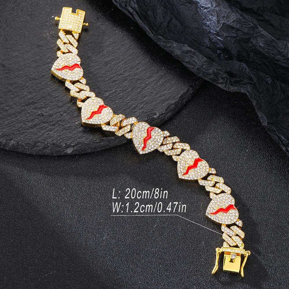 Hip Hop Broken Love Heart Rhombus Cuban Chain Bracelet Men Women 12mm Iced Out Alloy Inlaid Rhinestone Necklaces Fashion Jewelry
