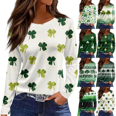 Women's Fashion Casual Slit Hem Round Neck Long Sleeve Loose Printed T-Shirt Ladies Top