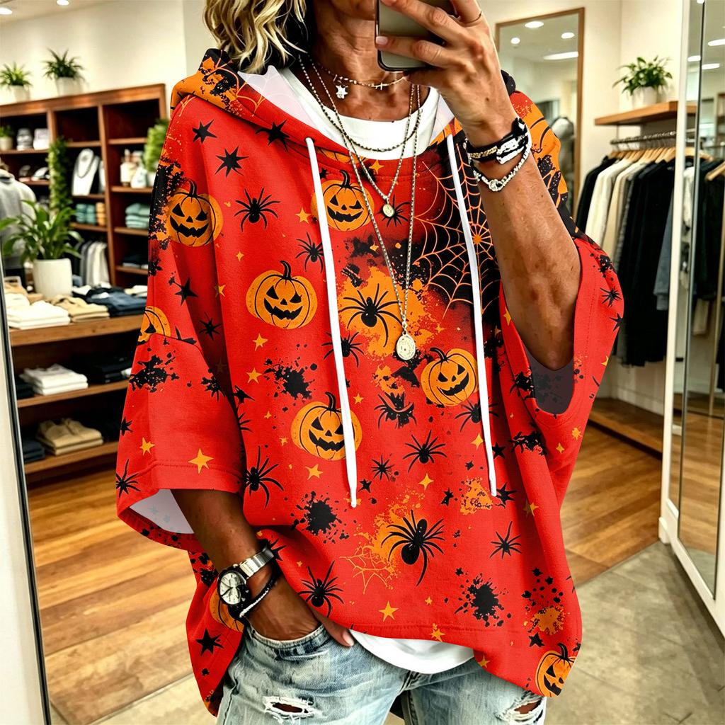 Women's Hoodie with Halloween Print, Loose Fit Casual Pullover Top