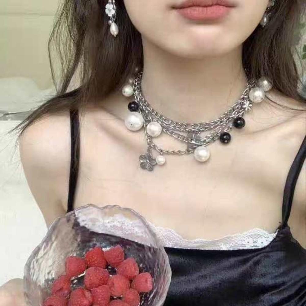 Choker Clavicle Chain Women Flowers Pendant Sweater Chain Pearl Multilayer Necklace Girls