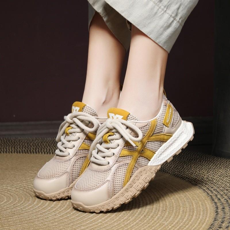 Johnature Zapatos casuales deportivos para mujer Malla transpirable con empalme de cuero genuino con cordones Zapatillas cómodas