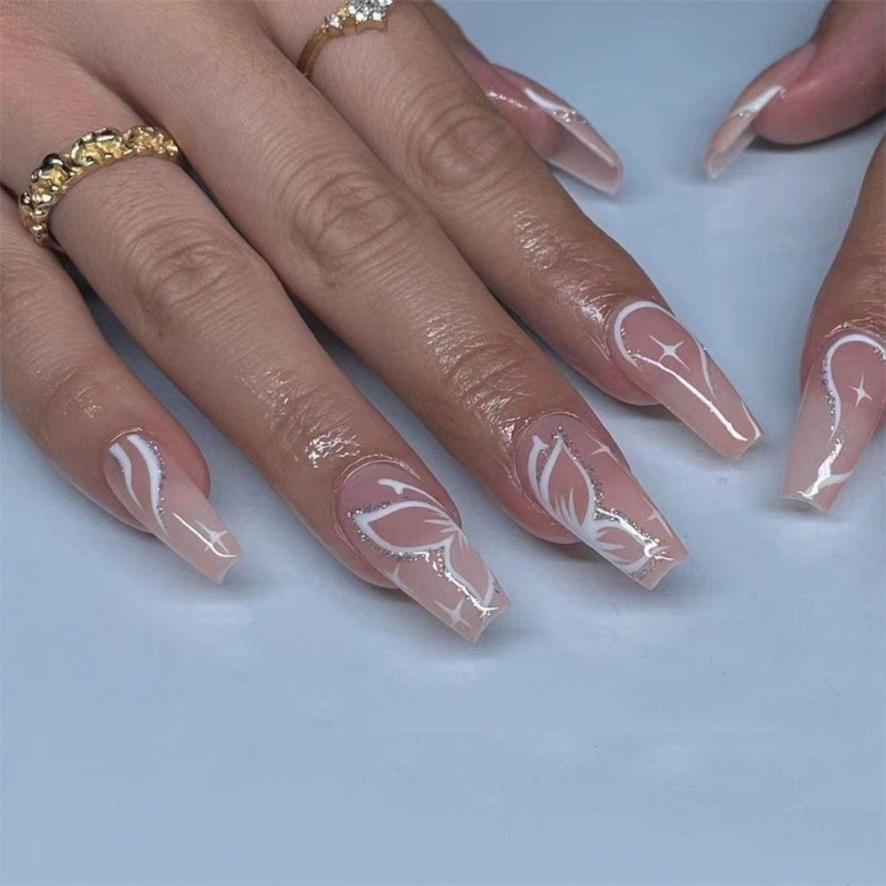 

24pcs Detachable Full Cover DIY Pink Flower Star Long Fake Nails French Ballerina