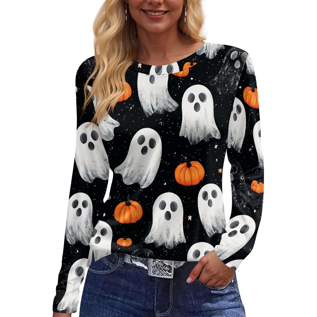 Women's Fashion Long Sleeve Neck Top with Hem Split and Halloween Print for Fall Daily Wear
