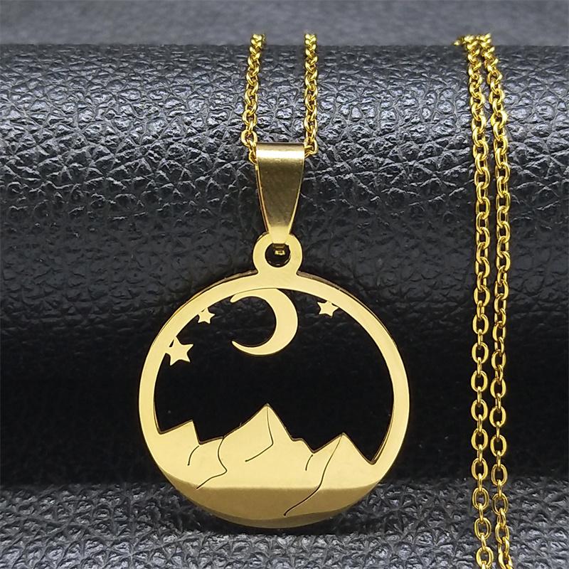 Moon Star Desert Scenery Necklace for Women Men Stainless Steel Silver Color Mountain Necklaces Jewelry Collier Femme N7242S02