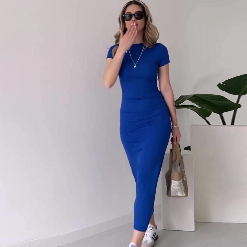 2024 Summer Solid Color Slim Fit Round Neck Hip Wrap Dress for Women