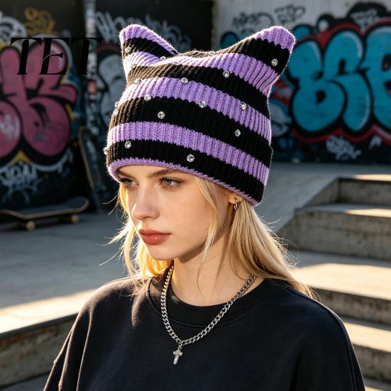 Warm Winter Gift for Her Cat Ear Hat Women Girls, Striped Slouchy Crochet Headgear Retro Style with Shiny Rhinestones, Cute Knitted Cap Fashionable