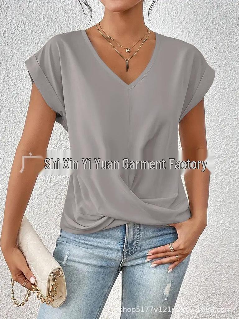 2025 Bestseller Women's Solid V-neck Short-Sleeve T-shirt - Elegant Spring/Summer Top