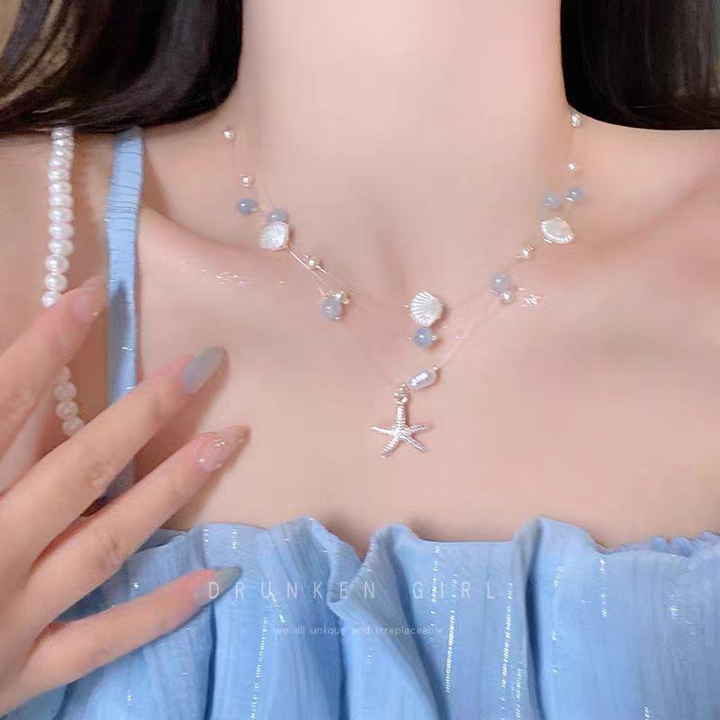 Seaside vacation~ Starfish shell dopamine stacked collarbone chain Island style neck chain accessories