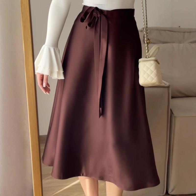 

Womens High Waist Tie Waist Satin A Line Midi Skirt S бордовый