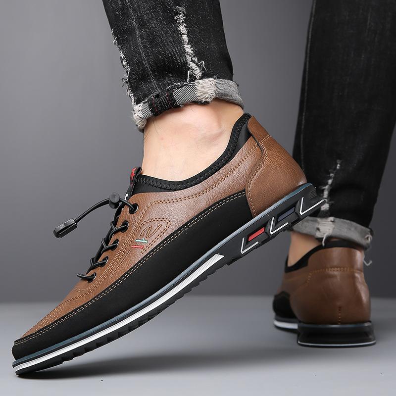 Fashion Men Sneaker Retro Leather Casual Shoes Adjustable Elastic Band Slip on Shoes Soft-sole Driving Shoe Men Shoes Big Size53