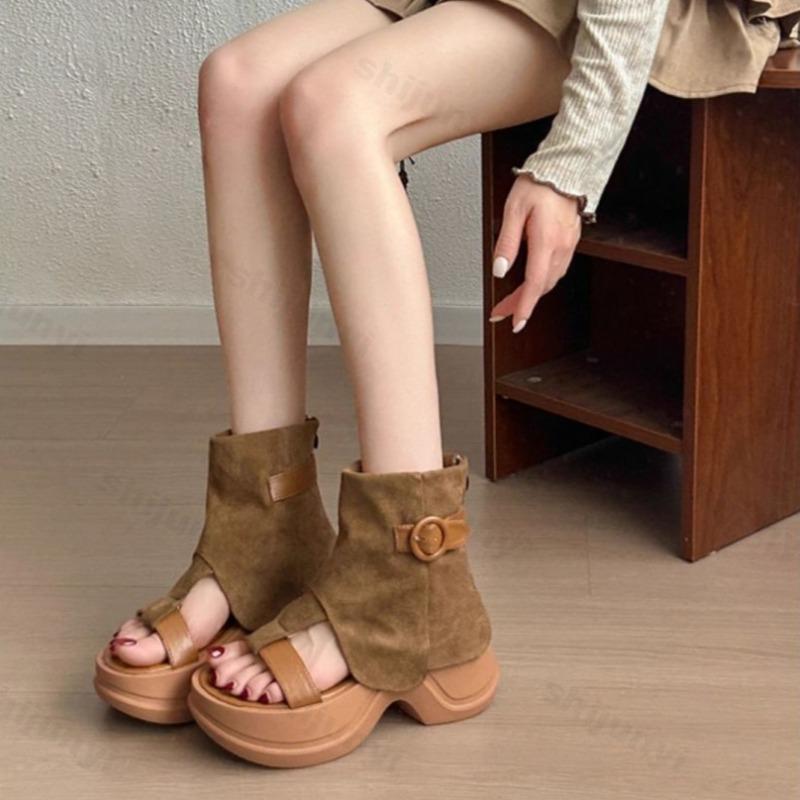 Fashion Women's Fashion Retro Design Open Toes Casual Cool Boots 2025 Summer New Comfortable Versatile Thick Soled Clip Toes Short Boots