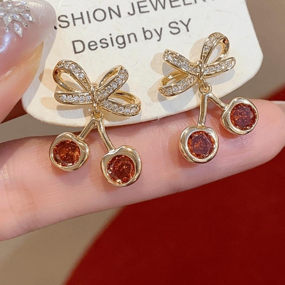 Zircon Bow Cherry Earrings Copper Retro Fruit Earrings High-end Bow Drop Earrings Women