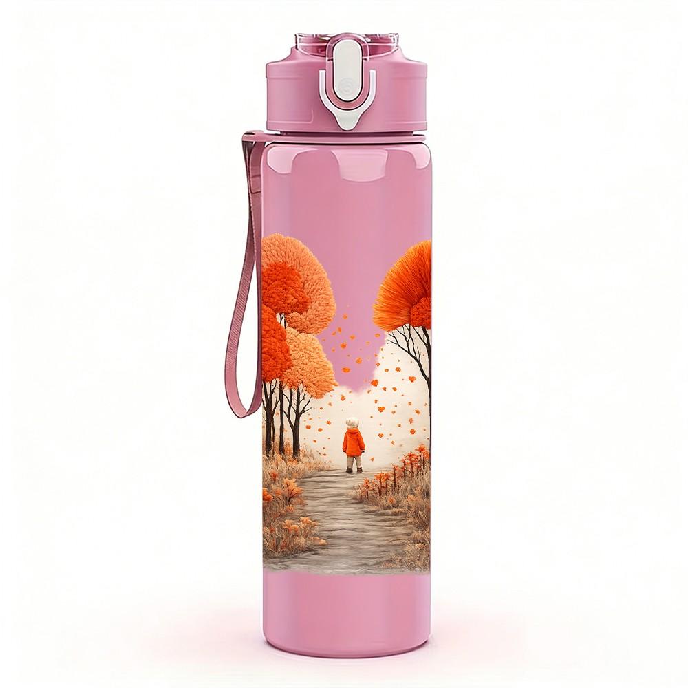 1PC Autumn Orange Red Tree Hill Scene Print 750ml Color Plastic Sports Water Bottle Leakproof Flip Straw Lid Suitable for Sports Office Home Use
