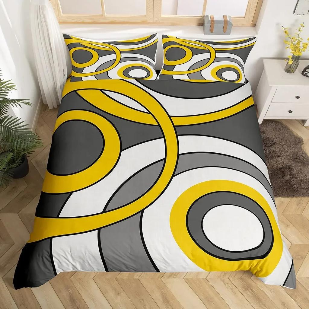 Circle Duvet Cover Geometry Bedding Set Abstract Swirls Stripe Line Art Comforter Cover Retro Patchwork Geometric Bed Set