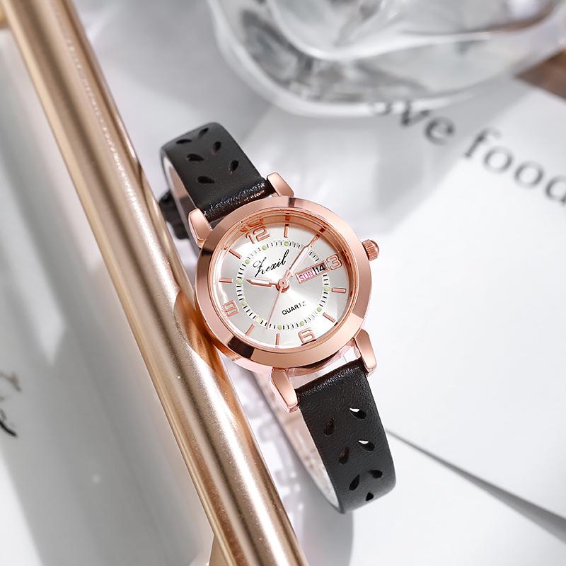 Einfache Wasserdichte Leuchtende Doppelkalender Nicht-Mechanische Uhr Damen Business Armbanduhr